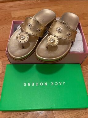 Jack Rogers Gold Leather Thong Sandals with Signature Medallions
